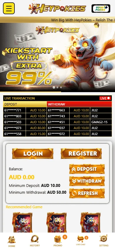 Heypokies Casino home screen on a mobile device