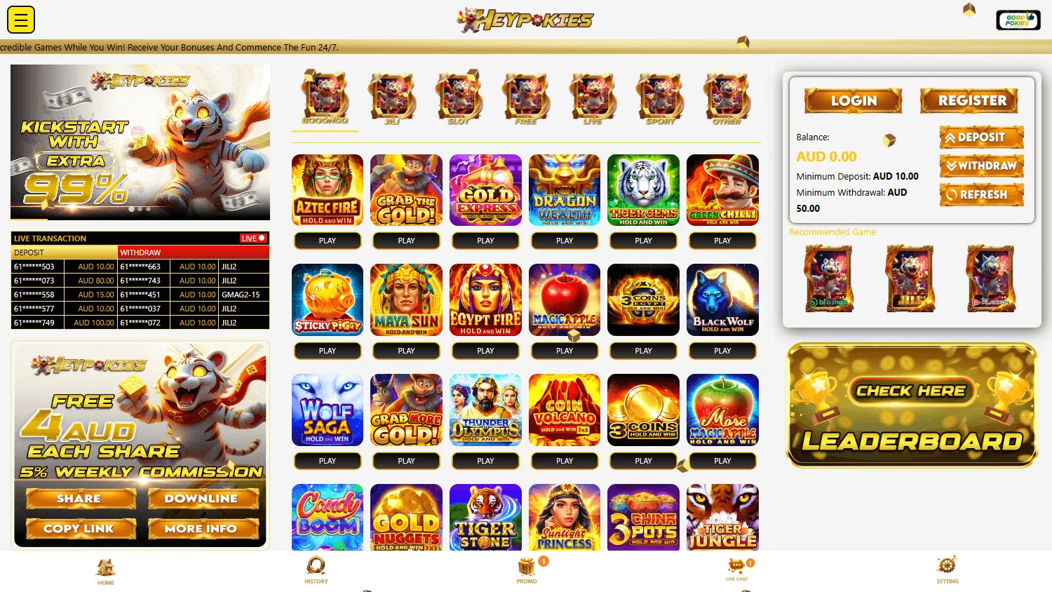 Heypokies Casino home screen on desktop